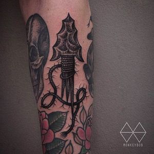 Awesome arrow tattoo done by Monkey Bob! #MonkeyBob #arrow #black #tattoo