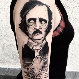 Edgar Allan Poe tattoo by Gaston Tonus #GastonTonus #sketch #surrealistic #graphic #monochrome #monochromatic #blackwork #dotwork #edgarallanpoe #tooth