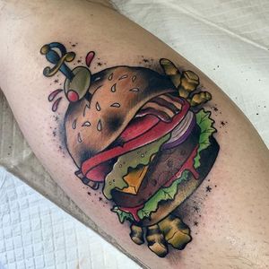Cheeseburger and fries tattoo by Mikey Lo. #traditional #neotraditional #burger #cheeseburger #fries #MikeyLo