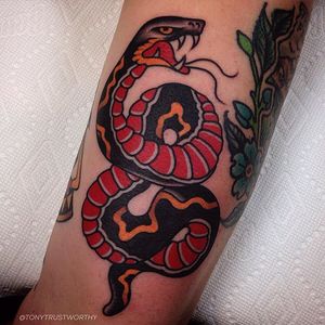 Snake Tattoo by Tony Talbert #TraditionalTattoos #OldSchoolTattoos #ClassicTattoos #TraditionalTattoo #TraditionalArtists #TonyTalbert