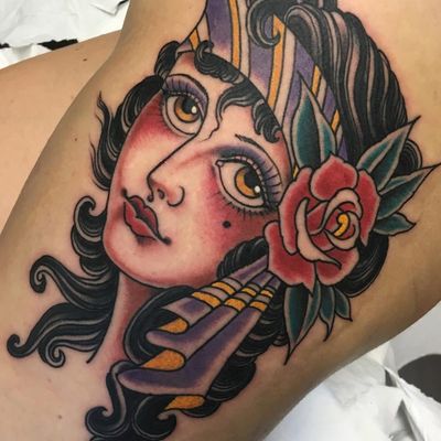 Lady head tattoo by Klem Diglio #KlemDiglio #ladyheadtattoo #color #traditional #lady #face #eyes #rose #leaves #gypsy #flower #floral #tattoooftheday