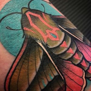 Excellent detail and vibrant color in this moth tattoo from Scott Garitson (IG—scottgaritsontattoo). #moth #ScottGaritson #surreal #traditional #vibrant