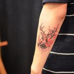 Deer tattoo by Grain. #Grain #TattooistGrain #fineline #animals #deer #stag #jewel #cherryblossom #flowers