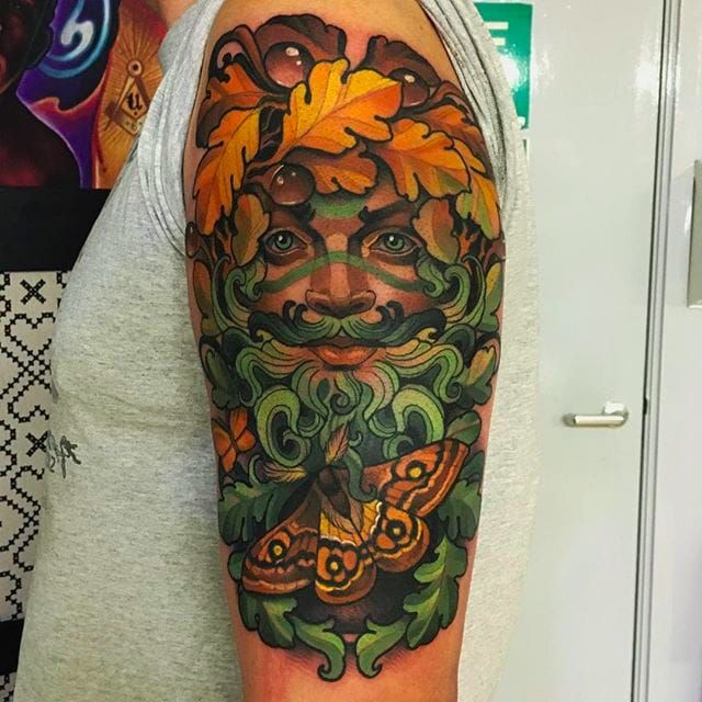 Tattoo uploaded by rcallejatattoo  Super cool looking leaf man tattoo  combined with a moth leafman leafmantattoo mothtattoo moth JoeFrost  neotraditional  Tattoodo
