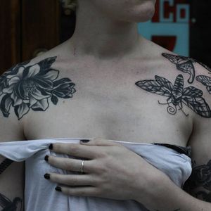 Tattoo by Franco Maldonado #FrancoMaldonado #blackandgrey #illustrative #newtraditional #darkart #surreal #moths #magnolia #butterfly #nature #leaves #pattern