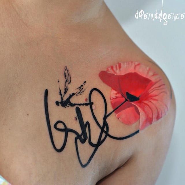 Tatuaje de amapola en acuarela de Aleksandra Katsan #AleksandraKatsan #watercolor #watercolor #flower #poppy