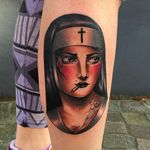 Smoking Tattooed Nun by Cedric Weber @Cedric.Weber.Tattoo #CedricWeberTattoo #GreyhoundTattoo #GirlTattoo #Nun #Girl #Lady #Woman #Germany