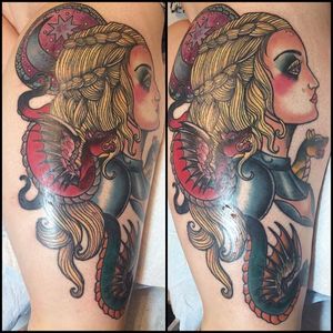 Daenerys Targaryen tattoo by Cara Cable. #daenerys #targaryen #daenerystargaryen #gameofthrones #GOT #khaleesi #dragon #neotraditional