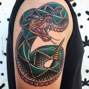 Rattlesnake Tattoo by @unomaser #rattlesnake #snake #traditional #unomaser