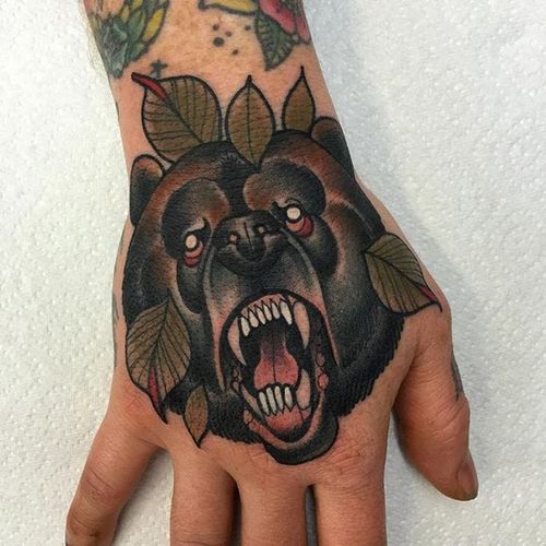 Bear Hand Tattoo by Mitchell Allenden #bear #beartattoo #neotraditionalbear #hand #handtattoo #handtattoos #neotraditionalhandtattoo #neotraditional #neotraditionaltattoo #neotraditionaltattoos #MitchellAllenden