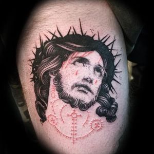 Christ tattoo by SM Bousille #SMBousille #graphic #blackwork #crying #christ #jesus #redink