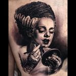 Bride of Frankenstein putting on makeup Tattoo by Javier Antunez @Tattooedtheory #JavierAntunez #Tattooedtheory #Blackandgrey #Realistic #Bride #brideoffrankenstein #portrait