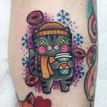 Winter Donut Happy Time by Roberto Euán #RobertoEuan #newtraditional #color #sparkle #cat #coffee #donut #snowflake #glitter #kitty #scarf #winter #snow #cute #tattoooftheday