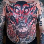 Massive demon and ship frontal tattoo done by El Carlo. #ElCarlo #ElCarloTattoos #boldtattoos #surreal #ship #demon