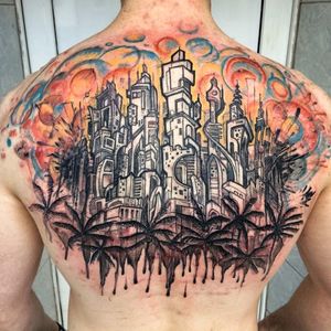 A futuristic cityscape Tattoo by Bernd Muss #BerndMuss #watercolor #freestyle #illustration #cityscape #urban