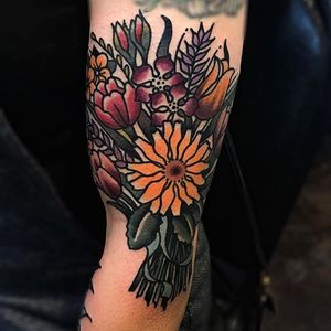 Bold traditional bouquet tattoo by Jay Quarles. #flowers #bouquet #traditional #bold #JayQuarles