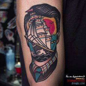 Ship and Gentleman Faceless Tattoo by @TeenHeartsTattoos #Teenheartstattoos #Faceless #Facelesstattoos #Neotraditional #Neotraditionaltattoos #SantaAna #California #Gentleman #ship #galleon