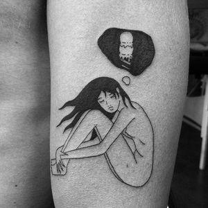 Sad girl tattoo by seanfromtexas on Instagram. #Seanfromtexas #sad #sadgirl #sadgirlclub #subculture #blackwork #nihilism