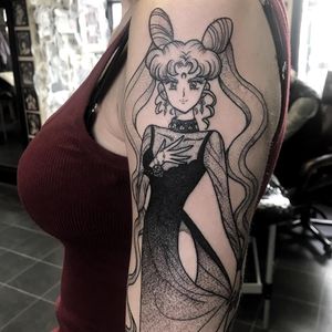 Black Lady tattoo by Raine Knight #RaineKnight #sailormoontattoos #blackwork #linework #dotwork #illustrative #anime #manga #sailormoon #blacklady #evillady #chibiusa #lady #portrait #moon #sparkle