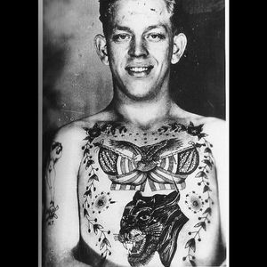 One of Bert Grimm's clients with the iconic tiger head on his chest. #BertGrimm #tattoohistory #traditional