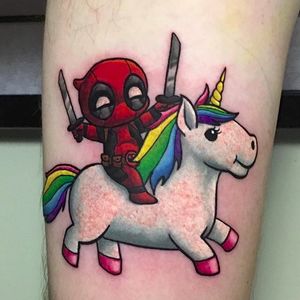 Deadpool riding a unicorn by Lara Higgs (via IG -- larahiggs) #larahiggs #deadpool #unicorn