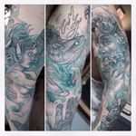 Mythological ocean tattoo by Gianpiero Cavaliere #GianpieroCavaliere #newschool #turquoise #mythology #poseidon #mermaid #seahorse #ocean