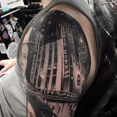 Radio City Music Hall by Steve H Morante #SteveHMorante #blackandgrey #realism #realistic #hyperrealism #radiocitymusichall #newyork #franksinatra #NYC #architecture #building #stars #light #night #tattoooftheday