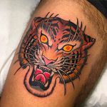 Fierce Tiger Head Tattoo by Pliz @Pliz_lpn via instagram #Pliztattoo #Blackpearltattooparlour #Milano #Animaltattoo #Traditional #Oldschool #Neotraditional #TigerHead #Tigerheadtattoo