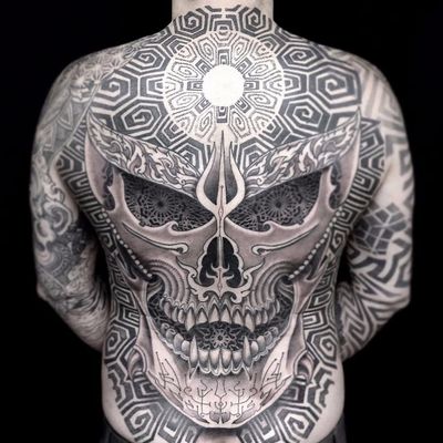 Skull geometry by Jondix #Jondix #blackandgrey #pattern #sacredgeometry #linework #skull #geometric #teeth #bones #death #mandala #light #trident #filigree #tattoooftheday