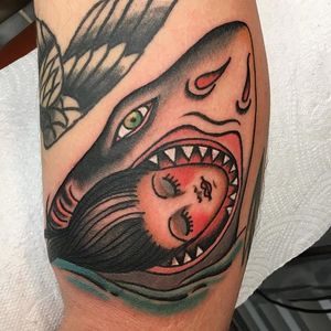American Traditional swallowed by a shark portrait tattoo by Cécile Pagès. #CecilePages #americantraditional #woman #portrait #shark