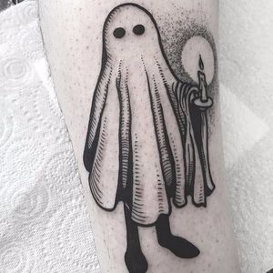 Little Ghost by James Butler #JamesButler #blackwork #dotwork #linework #ghost #candle #light #ghost #ghoul #halloween #haunted #tattoooftheday