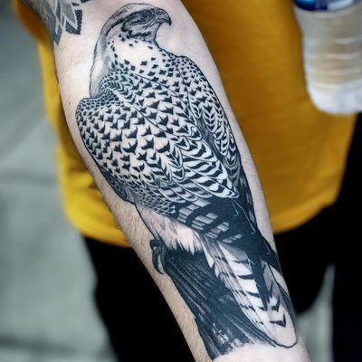 Peregrine falcon by Ricky Williams #RickyWilliams #blackandgrey #realism #realistic #hyperrealism #bird #falcon #peregrinefalcon #nature #animal #feathers #wings #tattoooftheday