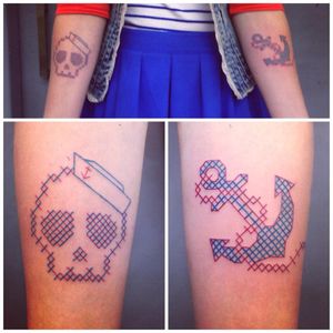 Cross-stitch skull and anchor tattoos by Mariette #Mariette #crossstitch #skull #anchor #blueink #redink