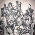 The Wandering Soldier tattoo by Les Crow #lescrowtattoo #lescrow #horsetattoos #illustrative #linework #engraving #etching #medieval #horse #soldier #dog #creature #death #serpent #hourglass #backpiece