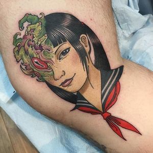 Mutant Schoolgirl Tattoo by Zach Black #neotraditional #neotraditionaltattoo #japanese #japanesetattoo #gruesometattoos #ZachBlack