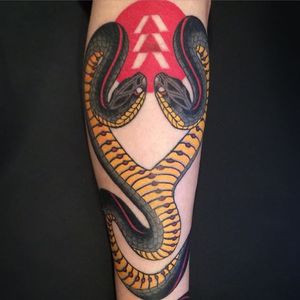Two Headed Snake Tattoo by Fran Massino #snake #snaketattoo #twoheadedsnake #twoheadedsnaketattoo #traditional #traditionaltattoo #americantraditional #classictattoo #FranMassino