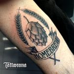DIY beer - try some homebrew. Tattoo by Alex Takahashi. #blackandgrey #neotraditional #banner #lettering #beer #hops #homebrew #AlexTakahashi