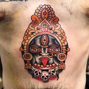 Tattoo by Robert Ryan #RobertRyan #color #traditional #Hindu #surreal #crown #skulls #Kali #thirdeye #goddess #deity #death #life #flowers #floral #thirdeye