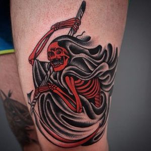 Grim Reaper tattoo by Giacomo Sei Dita #GiacomoSeiDita #traditional #redink #blackwork #grimreaper #skeleton #death