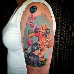 ‘Winnie the Pooh’ tattoo by Nancy Mietzi. #eeyore #tiger #piglet #winniethepooh #pooh #poohbear #nostalgia #children #tvshow #cartoon #book #NancyMietzi