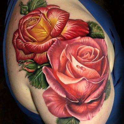 Realistic roses tattoo by Megan Massacre #MeganMassacre #besttattoos #color #realism #realistic #hyperrealism #roses #rose #flower #rosebud #dewdrop #leaves #floral #nature #plants #tattoooftheday