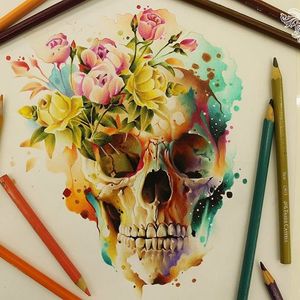#caveira #skull #flores #flowers #aquarela #watercolor #vareta #ilustradorvareta #coloridos #brasil #brazil #portugues #portuguese #desenhos #drawing