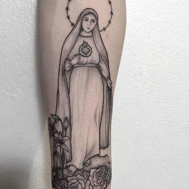 Praying Virgin Mary With Rosary Cross Tattoo On Shoulder by Lila Rees