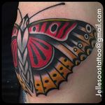 Clean butterfly elbow tattoo done by Jelle Soos. #JelleSoos #SwanseaTattooCo #traditionalbutterfly #traditional #bold #butterfly