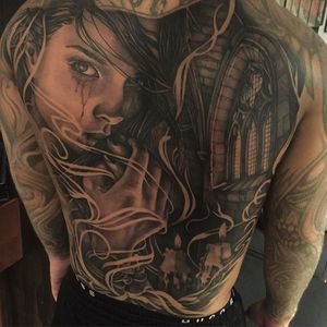 Stunning black and grey back piece by Ruben. Check out the insane detail and use of negative skin! #Ruben #mikstattoo #blackandgrey #girl #candletattoo #backpiece