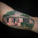 Incredible detail on this painterly style house, tattoo done by Erick Holguin #detail #painting #painterlystyle #house #ErickHolguin