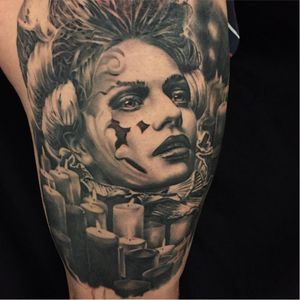Gorgeous portrait tattoo by Christian Boye Larsen #ChristianBoyeLarsen #chicano #realistic #blackandgrey #portrait #candles