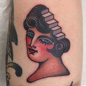 American Traditional stairs portrait tattoo by Cécile Pagès. #CecilePages #americantraditional #woman #portrait #stairs
