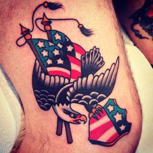 An old school bald eagle and American flag tattoo by Dan Santoro (IG—dan_santoro). #AmericanFlag #baldeagle #DanSantoro #patriotic #traditional