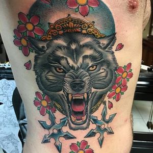 Neo traditional wolf, ninja stars and cherry blossom side piece by Davo Voodoo. #DavoVoodoo #neotraditional #cherryblossom #ninjastar #wolf